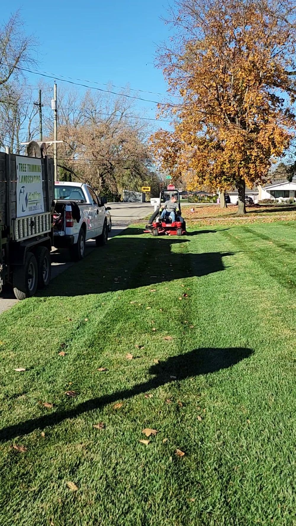 Lawn care service using a riding mower on a well-maintained lawn in autumn.