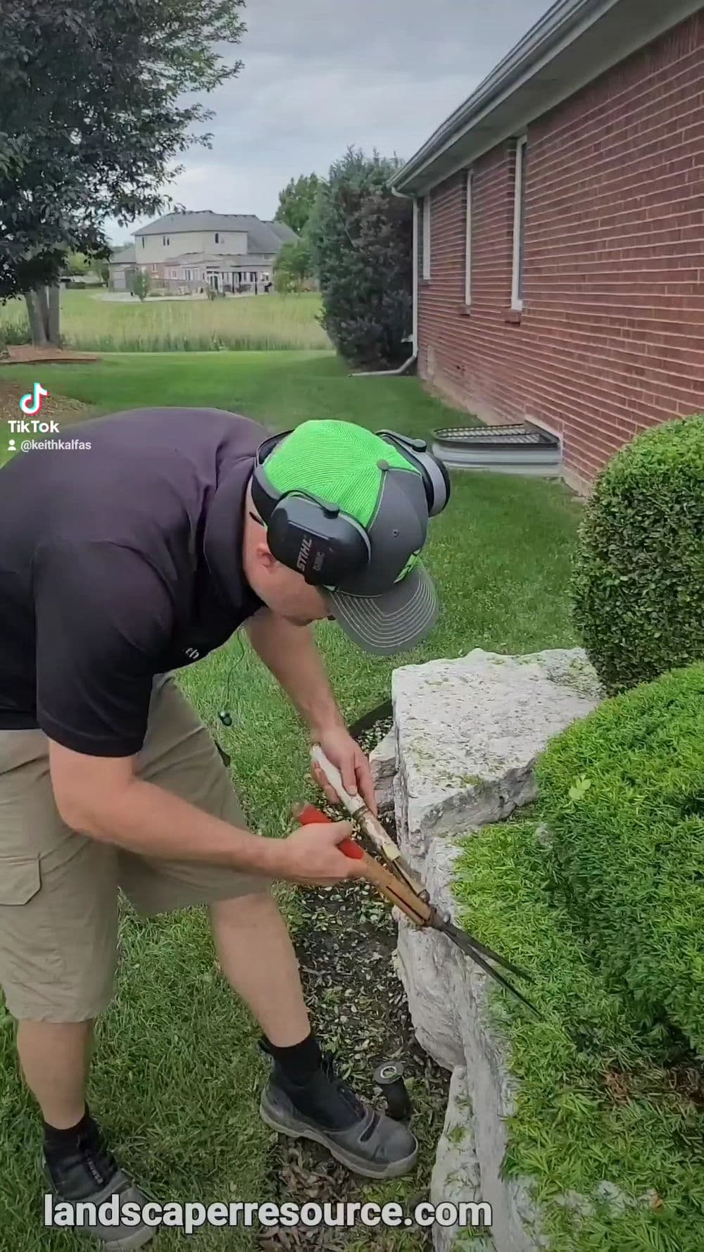 Man trimming bushes with garden shears in a well-maintained lawn setting.