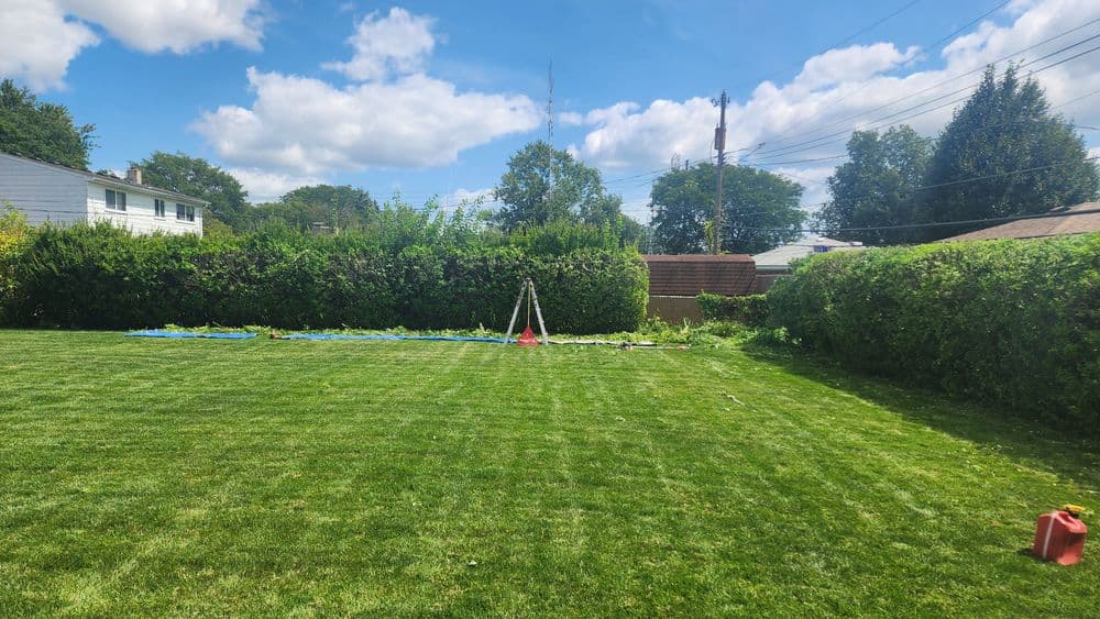 Lush green backyard with trimmed grass, trees, and a wooden swing set under a blue sky.